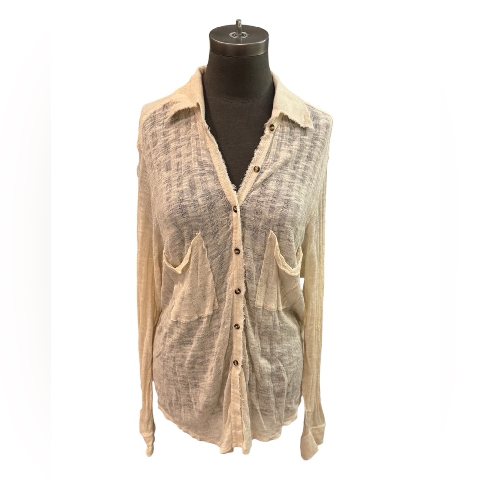 Free People Beach Cream Long Sleeve Button Down Top M